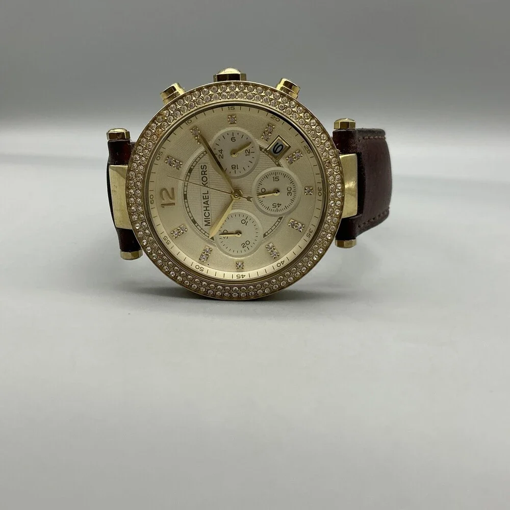 Michael Kors Womens Watch 39mm Gold Tone Leather Chronograph MK-2249 New Battery